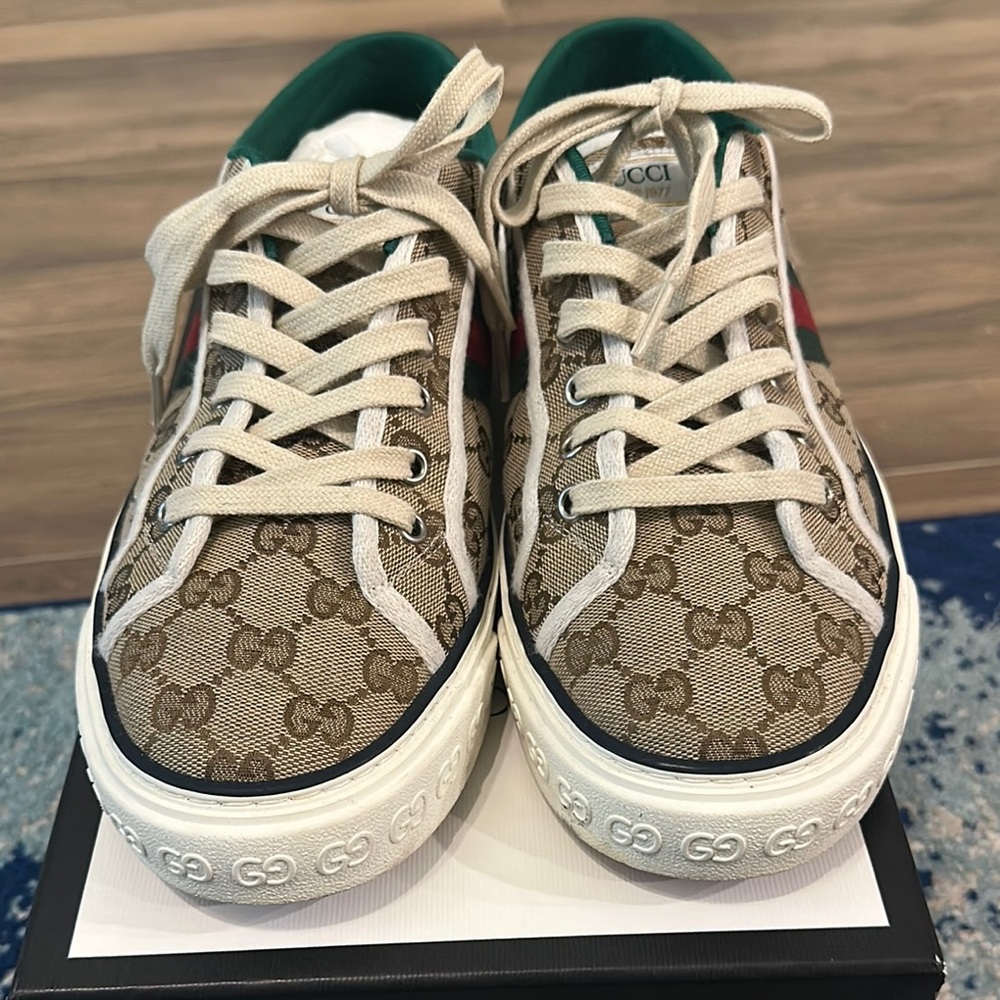 Gucci Beige Monogram Sneakers with Green Highlights